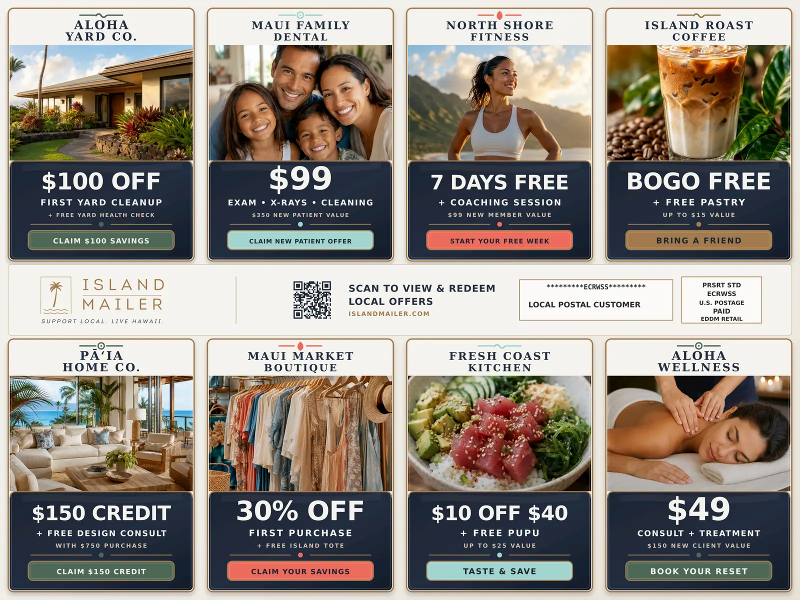 Island Mailer 9×12 fall card — Side One with 8 featured local offers